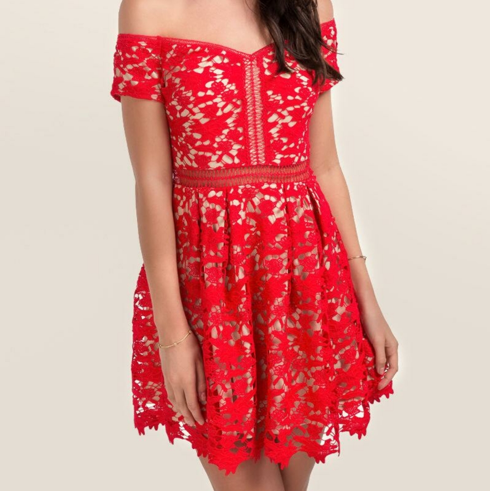 Francesca's Red and Nude Lace Bardot Dress